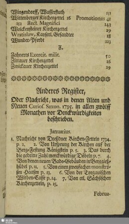 Anderes Register, Oder Nachricht, was in denen Alten und Neuen Curios. Saxon. 1735. in allen zwölff Monathen vor Denckwürdigkeiten beschrieben