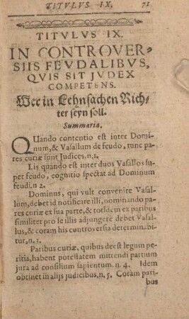 Titvlvs IX. In controversiis Fevdalibvs, Qvis Sit Jvdex Competens. Wer in Lehnsachen Richter seyn soll.