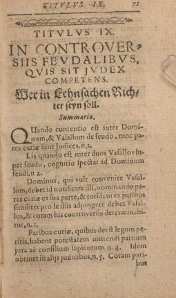 Titvlvs IX. In controversiis Fevdalibvs, Qvis Sit Jvdex Competens. Wer in Lehnsachen Richter seyn soll.