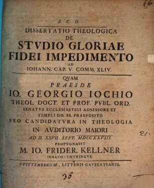 Diss. theol. de studio gloriae, fidei impedimento, ad Jo. V, 44