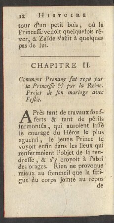Chapitre II. Comment Prenany fut reçu par la Princesse & par la Reine. Projet de son mariage avec Feslée.