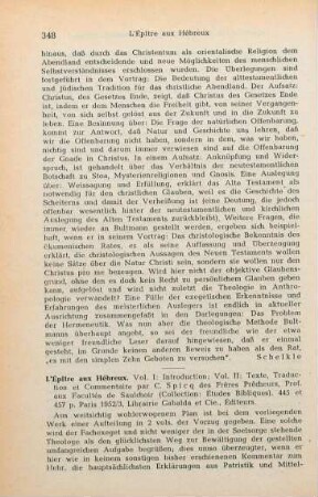 348-350 [Rezension] Spicq, Ceslas, L' épitre aux Hébreux