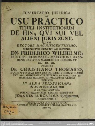 Dissertatio Iuridica De Usu Practico Tituli Institutionum De His, Qui Sui Vel Alieni Iuris Sunt