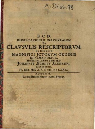 Dissertatio Inavgvralem De Clavsvlis Rescriptorvm