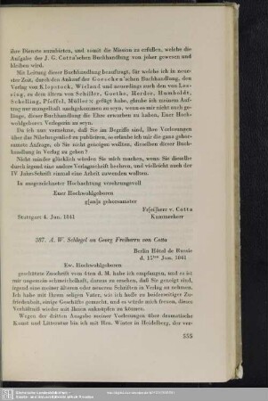 August Wilhelm von Schlegel an Johann Georg Cotta von Cottendorf, Berlin, 15.06.1841