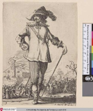 [Offizier von vor gesehen mit Gehstock in seiner linken Hand; Officer seen en face with cane in left hand. Burning church in left distance]