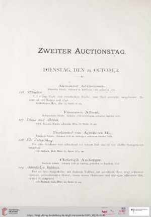 Zweiter Auctionstag. Dienstag, den 29. October (Nr. 116 - 245)