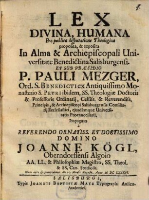 Lex divina, humana pro : pro publica disputatione theologica proposita