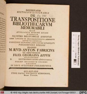 Dissertatio Historico-Litteraria De Transpositione Bibliothecarvm Memorabili