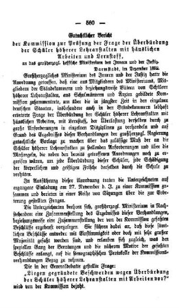 Gutachtlicher Bericht der Kommission zur Prüfung der Frage der Überbürdung der Schüler höherer Lehranstalten mit häuslichen Arbeiten und Lernstoff