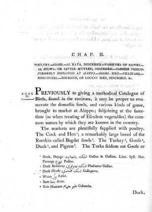 Chap. II. Poultry. - Game. - Al Kata, described. - Varieties of hawks. - Al Sulwa, or little bittern, described. - Carrier pigeon, formerly employed at Aleppo ...