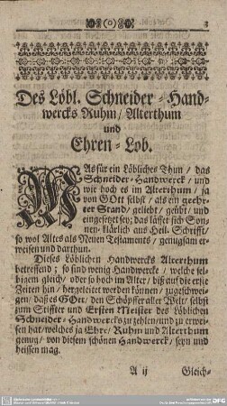 Des Löbl. Schneider-Handwercks Ruhm/Alterthum und Ehren-Lob.