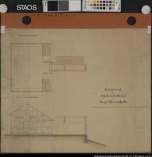 "Schießstand der Schützengesellschaft zu Georgsmarienhütte." Bl. 1 = Grundriss und Seitenansicht der Schießhalle. Bl. 2 = Schießstand mit Sicherheitsvorrichtung: Aufsicht und Seitenansicht mit Scheibenhaus. Ausf.-Art: Farbige Zeichnung Herst.: Grote Format: 51/48 x 58/99 cm Maßstab: 1 : 50 bzw. 200