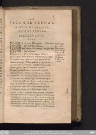 La Seconde Sepmaine De G. De Saluste, Sieur Du Bartas. Premier Iour. Eden.
