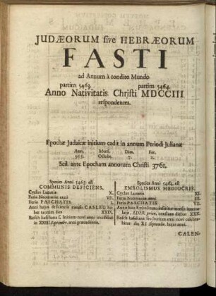 Judaeorum sive Hebraeorum Fasti ad Annum a conditio Mundo partim 5463 partim 5464 Anno Nativitatis Christi MDCCIII respondentes