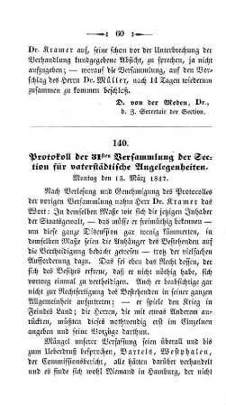 140. Protocoll der 31sten Versammlung der Section für vaterstädtische Angelegenheiten.