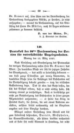 140. Protocoll der 31sten Versammlung der Section für vaterstädtische Angelegenheiten.