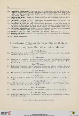 IV. Auctionstag: Freitag, den 26. Februar 1892, von 10 Uhr ab (Nr.385-473)