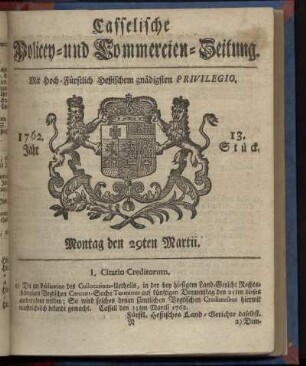 13. Stueck, Montag den 29ten Martii 1762
