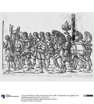 Triumphzug Cäsars, Blatt 10: Musikanten und Zugpferde des Greifenthronwagens