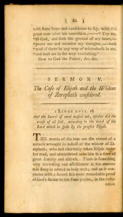 Sermon V. The Case of Elijah and the Widow of Zarephath considered
