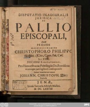 Disputatio Inauguralis Iuridica De Pallio Episcopali