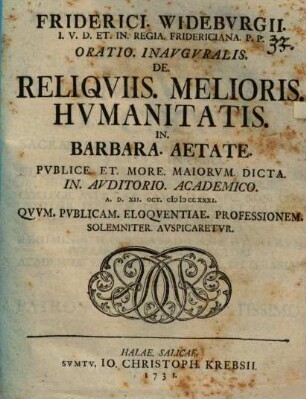 Oratio inaug. de reliquiis melioris humanitatis in barbara aetate