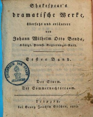 Shakespear's dramatische Werke, Erster Band. Der Sturm. Der Sommernachtstraum