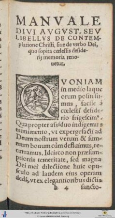 Manuale Divi Augustini Seu Libellus De Contemplatione Christi sive de verbo Dei