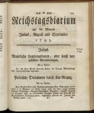 Reichstagsdiarium auf die Monate Julius, August und September 1793.