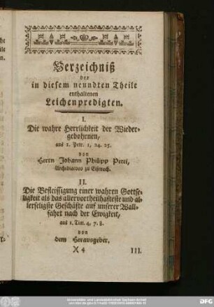 Verzeichniß der in diesem neundten Theile enthaltenen Leichenpredigten.