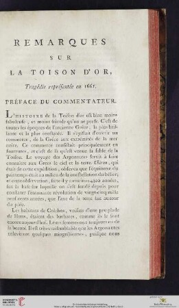 Remarques sur la Toison d'Or, Tragédie représentée en 1661