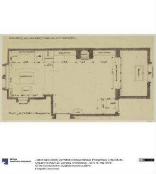 Darmstadt, Dreihäusergruppe, Predigerhaus, Erdgeschoss, Amtszimmer, Raum 28, Grundriss mit Möblierungsplan
