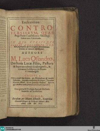 Enchiridion controversiarum, quae Augustanae Confesionis Theologis cum Anabaptistis intercedunt
