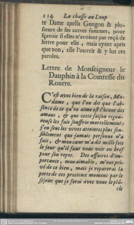 Lettre de Monseigneur le Dauphin a la Comtesse du Rourre