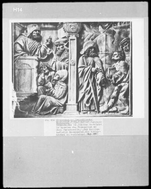 Hochaltar-Retabel — Legende des Heiligen Jakobus des Älteren — Legende des Heiligen Jakobus des Älteren — Predigt des Heiligen Jakobus und Verbrennung der Bücher des Zauberers Hermogenes