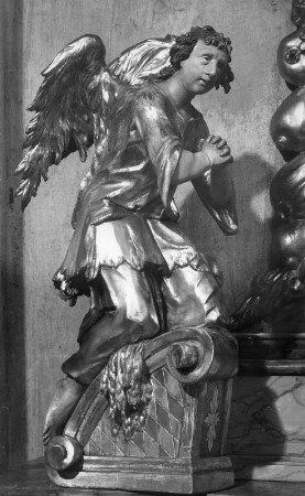 Erzengel : Südlicher Seitenaltar. Erzengel. Holz, geschnitzt, gefasst (polychrom), vergoldet (1701/1800). Neustadt an der Weinstraße, Simultankirche, Ehemalige Stiftskirche Liebfrauen, Südlicher Seitenaltar