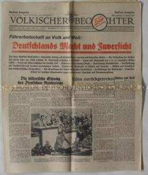 Tageszeitung "Völkischer Beobachter" mit dem Wortlaut der Rede Hitlers vor dem Reichstag am 20. Februar 1938