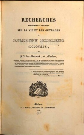 Recherches historiques et critiques sur la vie et les ouvrages de Rembert Dodoens (Dodonaeus)