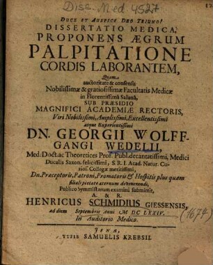Dissertatio Medica, Proponens Aegrum Palpitatione Cordis Laborantem