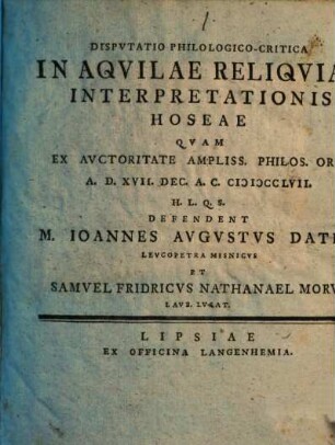 Disp. philol. crit. in Aquilae reliquias interpretationis Hoseae