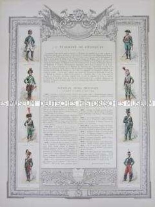 Uniformdarstellung, Rüstungen und Uniformen von Soldaten des 11. Jäger-Regiments zu Pferde und Zeittafel von Schlachten und Belagerungen mit Beteiligung dieses Regiments bzw. seiner Vorläufer, Frankreich, 1767-1870.