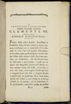 Al Santissimo beatissimo Padre Signore nostro Clemente VII.