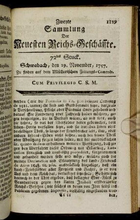 72tes Stuck. Schwabach, den 29. November 1757.