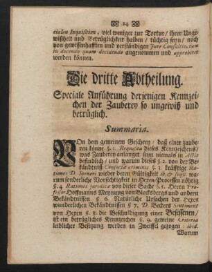 Die dritte Abtheilung. Speciale Anführung derjenigen Kennzeichen der Zauberey so ungewiß und betrüglich.