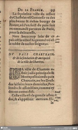 Du Pais Chartrain & de la fondation & antiquité de la ville de Chartres