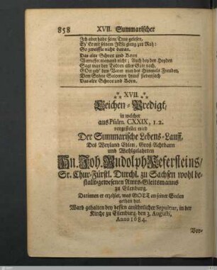 XVII. Leichen-Predigt: Der Summarische Lebens-Lauff