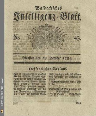 No. 43, Dienstag den 28. October 1783