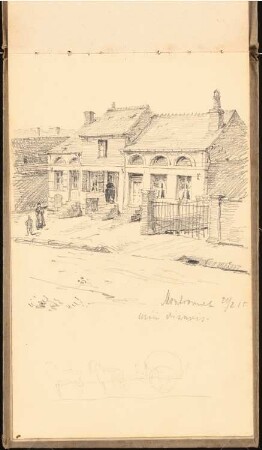 Skizzenbuch 1915: Häuser in Montcornet, perspektivische Ansicht, Pferdegespann