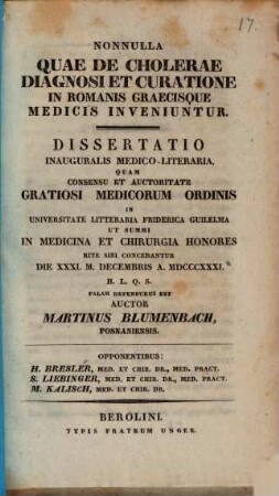 Nonnulla quae de cholerae diagnosi et curatione in Romanis Graecisque medicis inveniuntur : dissertatio inauguralis medica literaria